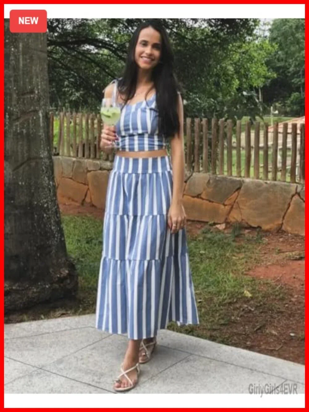 Women's Two Piece Skirt Set Halter Top High Waist A-Line Maxi Skirt Striped